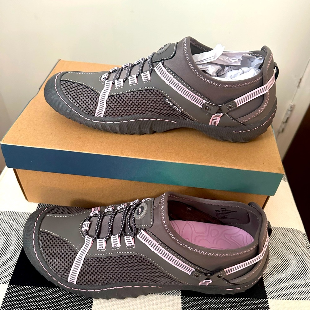 JBU Gray and Pink Athletic Shoes;
Water ready sneakers